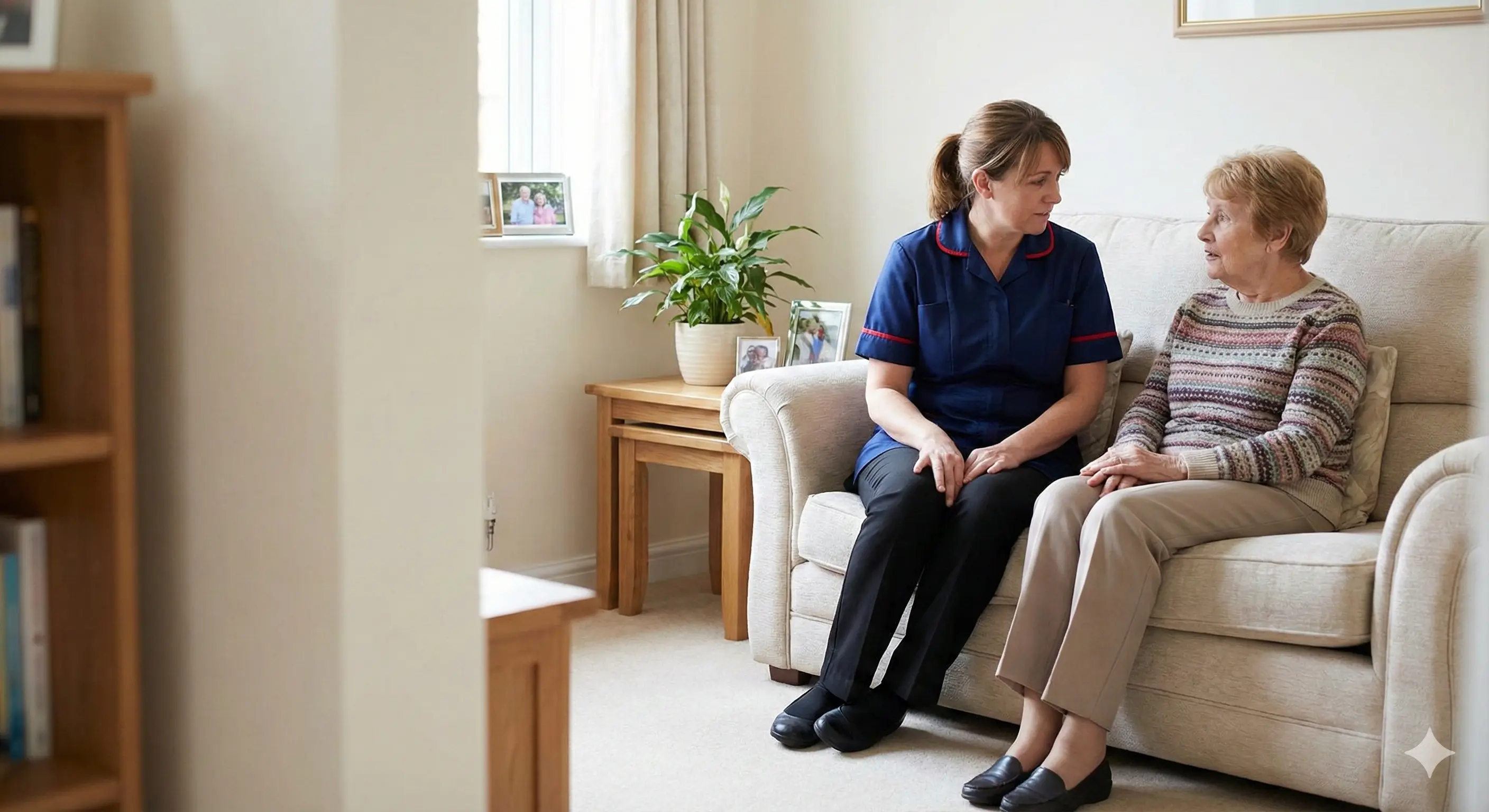 A Caring Companions care worker talking with an older client during a home care visit in Bridgend