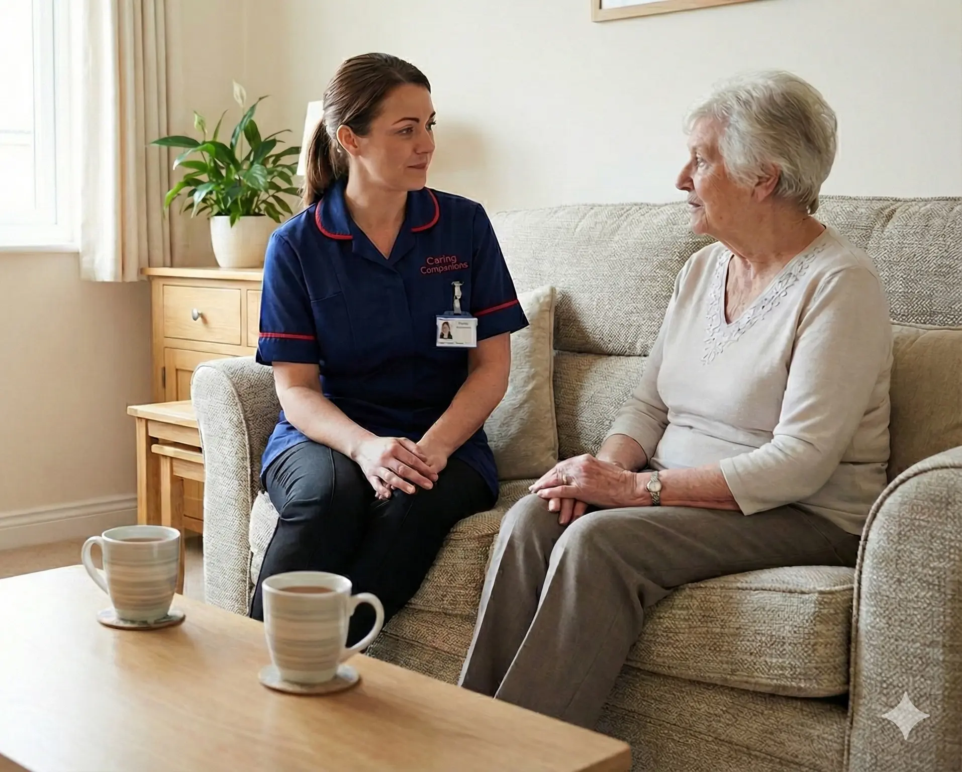 A uniformed Caring Companions home care worker talking with an older client in Bridgend