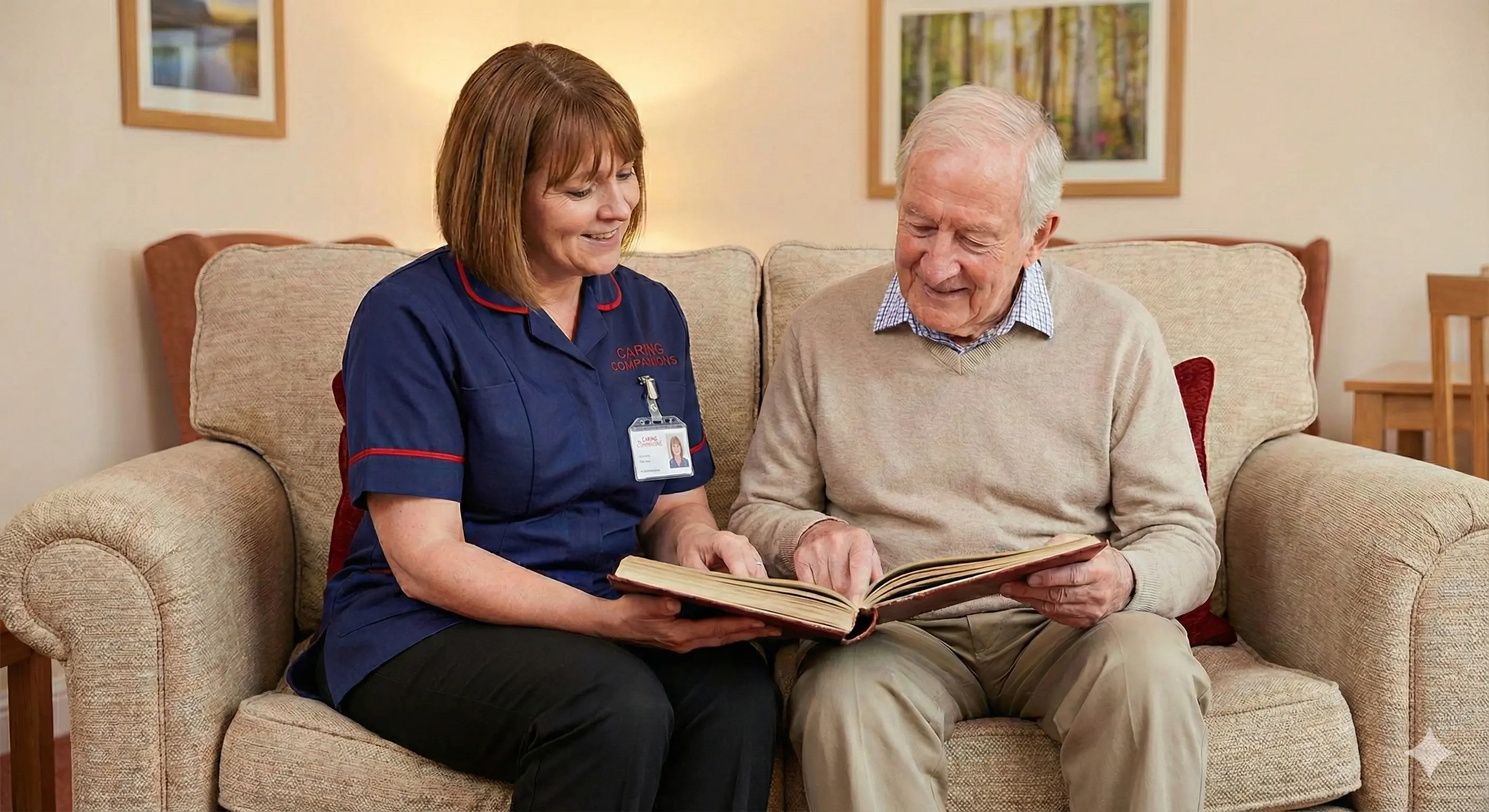 A uniformed Caring Companions care worker looking through a photo album with an older male client at home